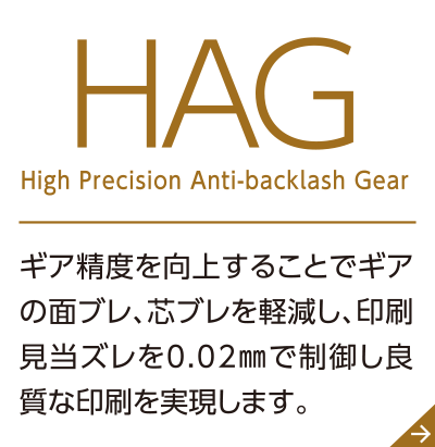 HAG High Precision Anti-backlash Gear ギア精度を向上することでギアの面ブレ、芯ブレを軽減し、印刷見当ズレを0.02㎜で制御し良質な印刷を実現します。