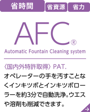 ＜AFC® ＞Automatic Fountain Cleaning system〈国内外特許取得〉 PAT. オペレーターの手を汚すことなくインキツボとインキツボローラーを約３分で自動洗浄。ウエスや溶剤も削減できます。