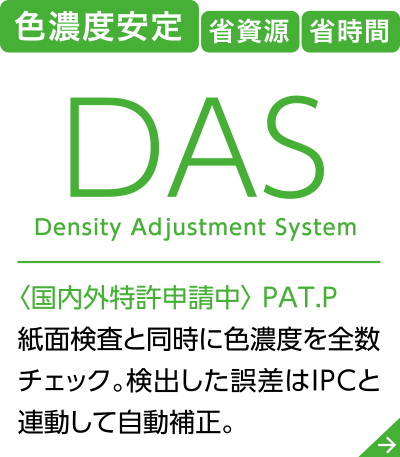 ＜DAS＞ Density Adjustment System〈国内外特許申請中〉 PAT.P 紙面検査と同時に色濃度を全数チェック。検出した誤差はIPCと連動して自動補正。