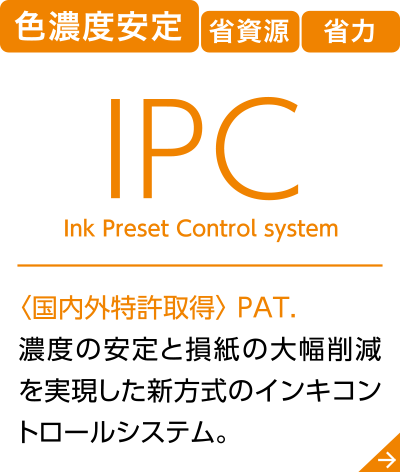 ＜IPC＞ Preset Control system〈国内外特許取得〉 PAT. 濃度の安定と損紙の大幅削減を実現した新方式のインキコントロールシステム。